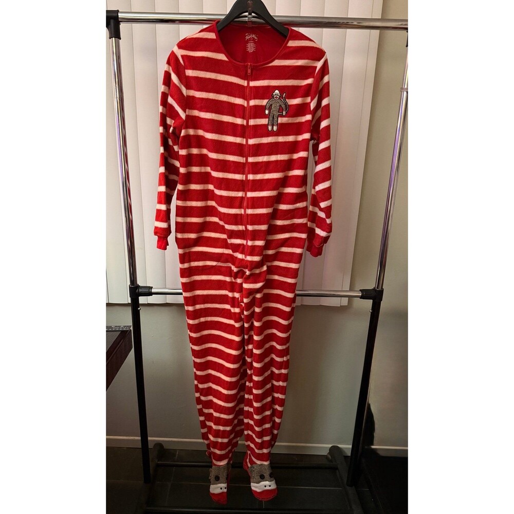 Adult Nick & Nora  White /Red Striped  Monkey Footed Pajamas  Size Large